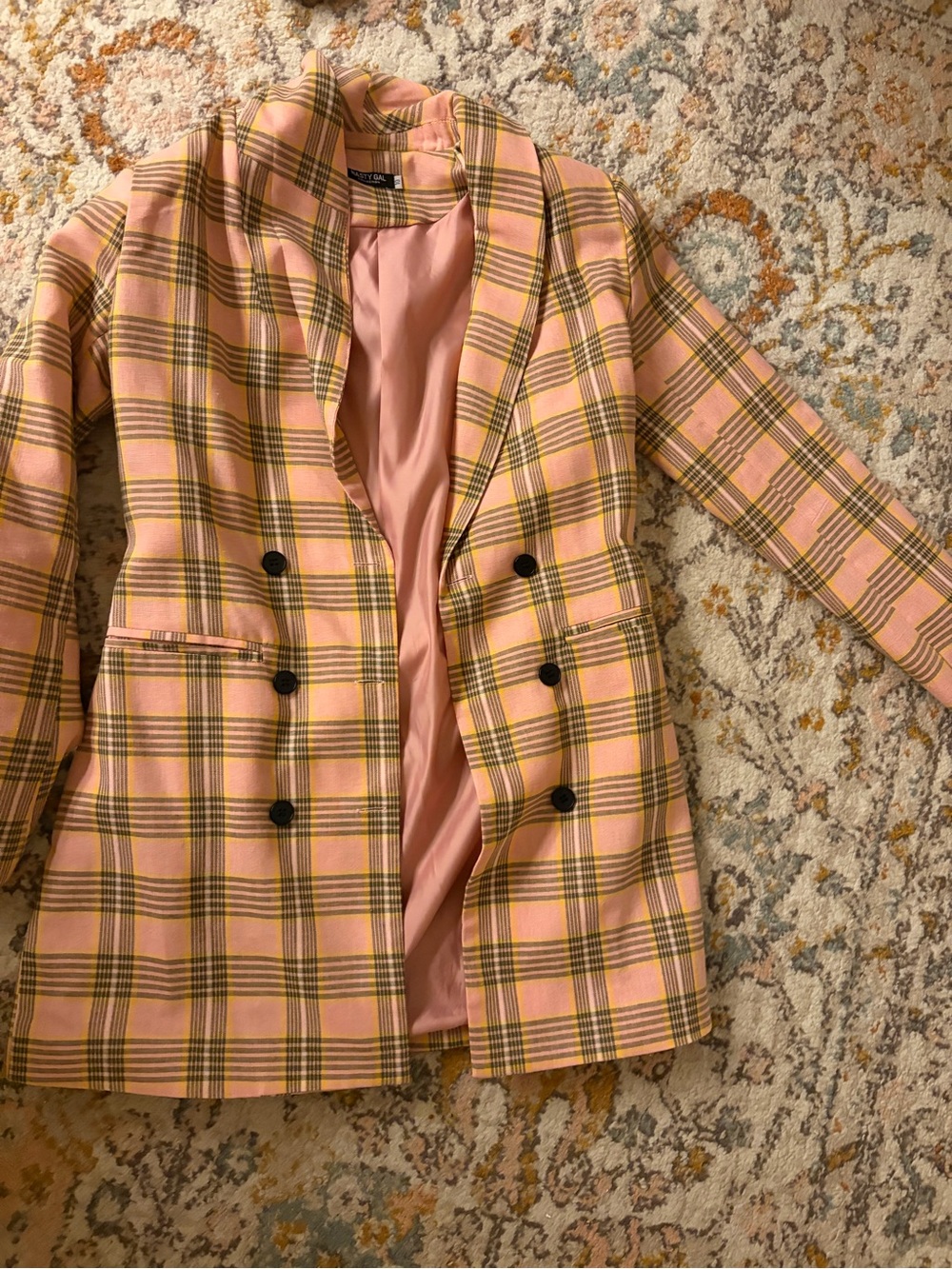 Nasty Gal Pink Plaid Double-Breasted Blazer